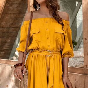 Flap Pocket Belted Bardot Romper